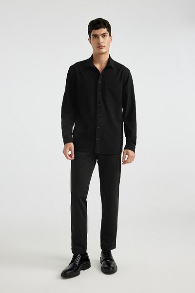 DeFacto Regular Fit Polo Collar Crinkle Basic μακρυμάνικο μαύρο πουκάμισο B6484ax24sp