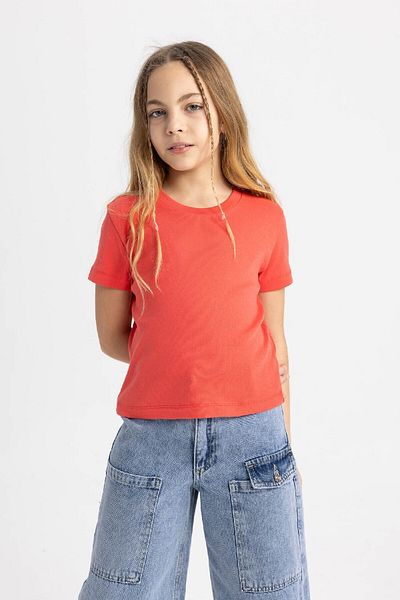 DeFacto Girls Rib Basic T-Shirt - Crew Neck, Slim Fit, Short Sleeve B3054A824Sm