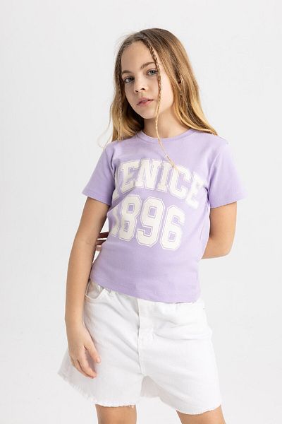 DeFacto Tricou cu mânecă scurtă cu nervuri pentru fete - decolteu, slim fit, camisol imprimat B5102a824sm
