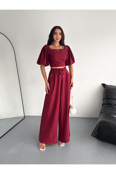 diaves Burgundy Square Collar Crop Blouse Bpl Leg Trousers Double Sofia Linen Set