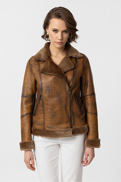 Deriderim Violet Genuine Lamb Fur Zippered Biker Whiskey Women's Coat