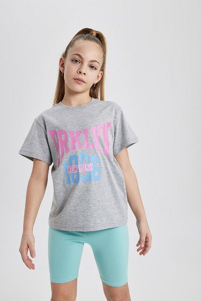 DeFacto Crew Neck Printed Girl's T-Shirt - Short Sleeve B5094A824Sm