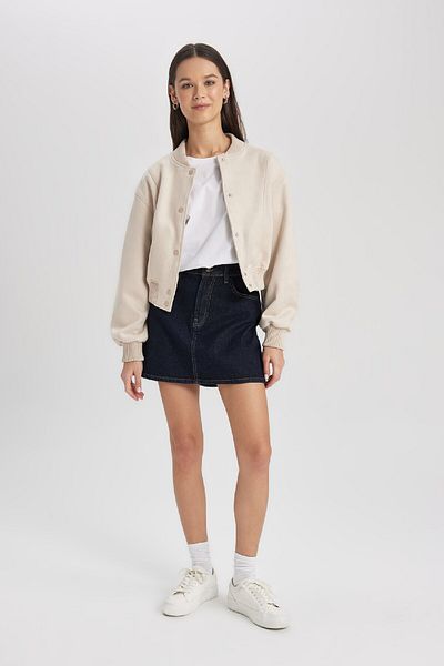 DeFacto Basic Suede Bomber Coat – College Collar, Straight Snap B8822Ax24Sp