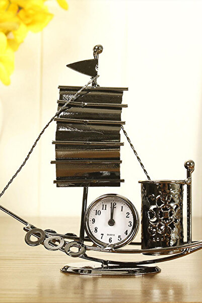 CİYU TİCARET Yelken modelli metal saatli kalem kutusu dekoratif saat masa süs...