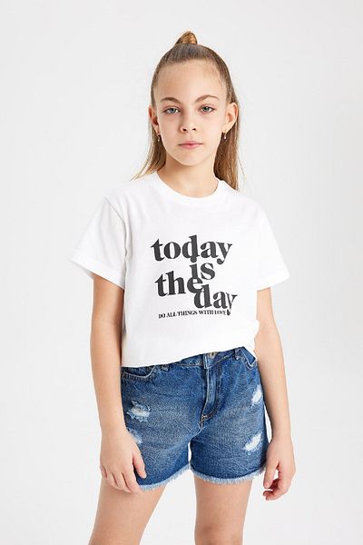 DeFacto Fata - Tricou cu maneca scurta imprimat cu decolteu B5123a824sm