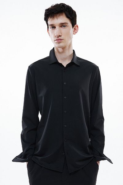 DeFacto Slim Fit Slim Fit Polo Collar Stretch Fabric Basic Απλό μακρυμάνικο μαύρο πουκάμισο B6491ax24sp