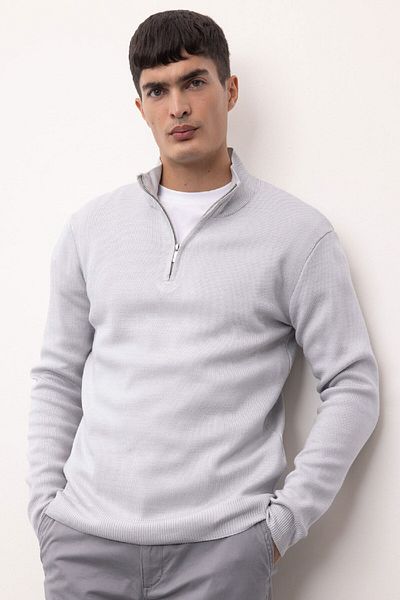 DeFacto Gray Standard Fit Normal Cut Stand Collar Zippered Basic Plain Knitwear Sweater A5184Ax24Au