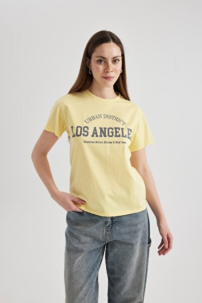 DeFacto Koszulka z krótkim rękawem i okrągłym dekoltem, regularny krój, nadruk B6796ax24sm