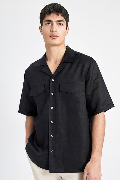 DeFacto Relax Fit Polo γιακά λινό Basic μονόχρωμο κοντομάνικο πουκάμισο B6687ax24sp