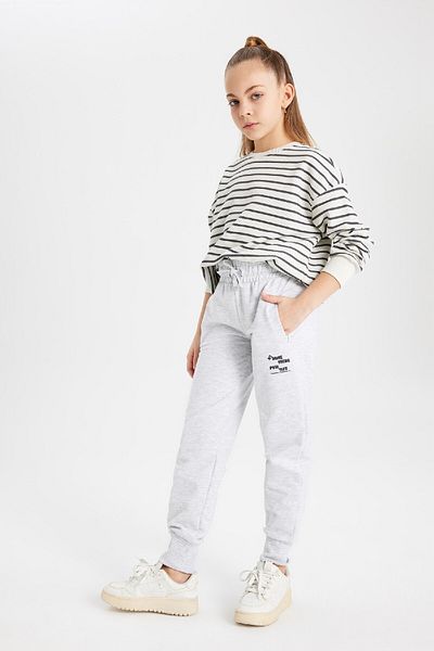 DeFacto Gray Jogger Sweatpants - Girl'S, Printed, Lace-Up Waist, Elastic Leg, Pockets B6401A824Sm