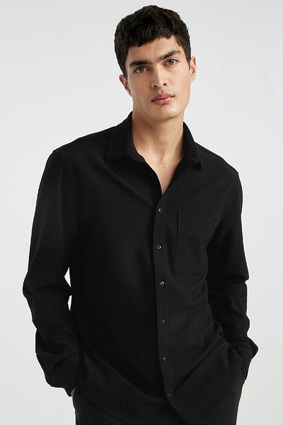 DeFacto Regular Fit Polo Collar Crinkle Basic μακρυμάνικο μαύρο πουκάμισο B6484ax24sp