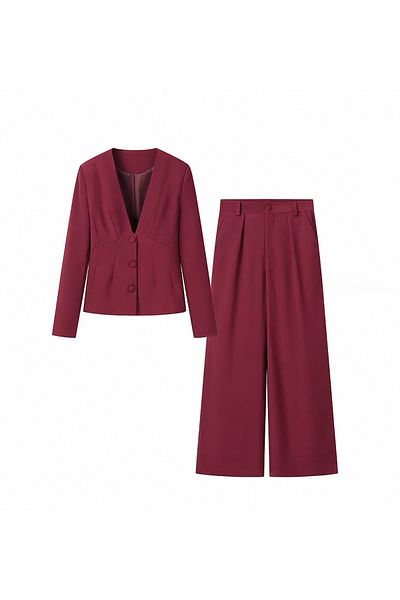 Sila The Best Burgundy V-Neck Blazer Jacket Palazzo Pants Suit (Tight Fitting, Not Suitable for over 65 Kilos)