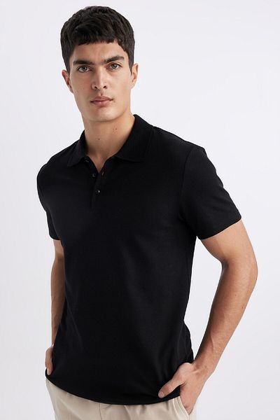 DeFacto Slim Fit Slim Fit κοντομάνικο βαμβακερό Modal Blended Basic μασίφ μαύρο μπλουζάκι πόλο M6609az24sp