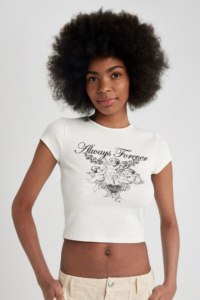 DeFacto Crew Neck Printed Ribbed Camisole T-Shirt - Short Sleeve B6811ax24sm