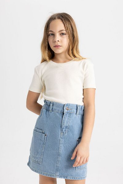 DeFacto Dziewczęca koszulka Rib Basic - okrągły dekolt, dopasowany krój, krótki rękaw B3054A824Sm
