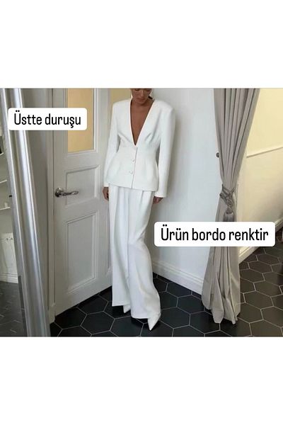 Sila The Best Burgundy V-Neck Blazer Jacket Palazzo Pants Suit (Tight Fitting, Not Suitable for over 65 Kilos)