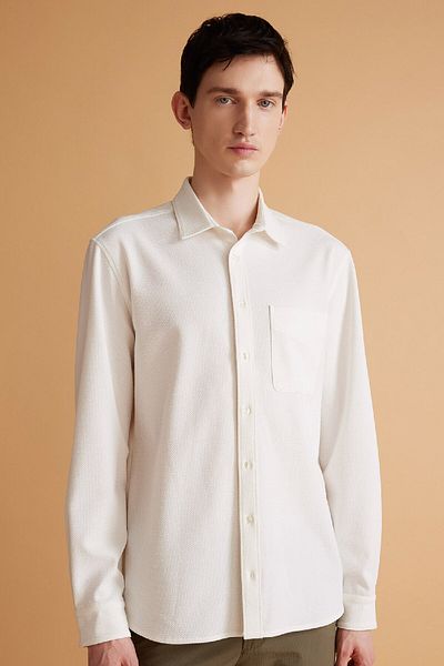 DeFacto Regular Fit Polo Collar Crinkle Basic Απλό μακρυμάνικο λευκό πουκάμισο B6484ax24sp