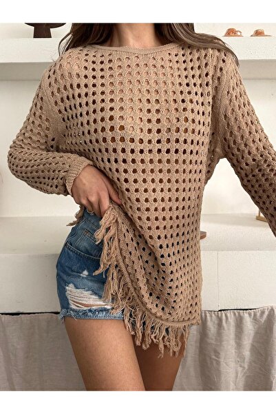Bracha Crew Neck Long Sleeve Openwork Pattern Tassel Detailed 100% Cotton Tunic