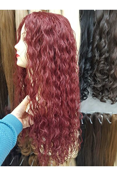 AKOLİFE Kızıl Renk Kıvırcık Perçemsiz Uzun Peruk - Gerçek Saç Dokusu