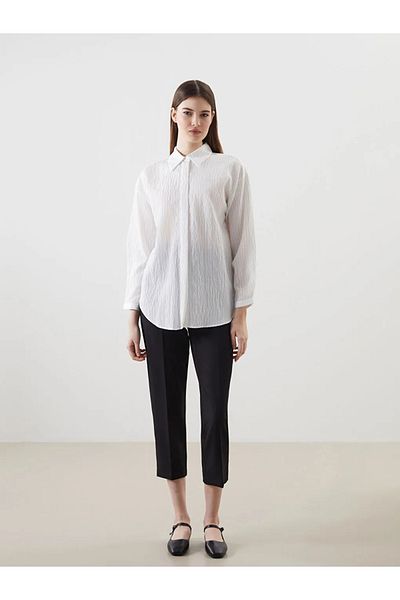 LC Waikiki Lcw Modest Ecru Striped Oversize Women's Shirt Tunic