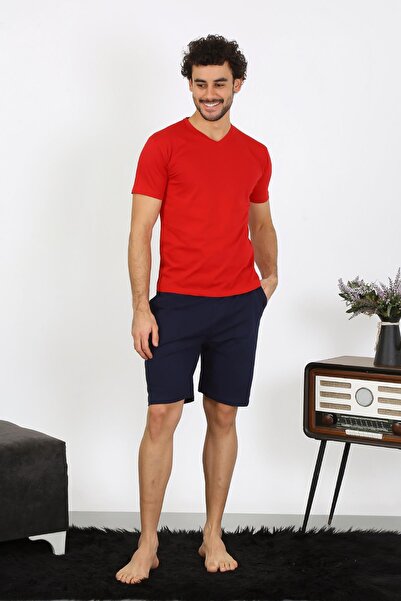 modaserdem Mdsrdm Men's Short Sleeve Combed Cotton 3-Piece Pajama Set-Red-100% Cotton