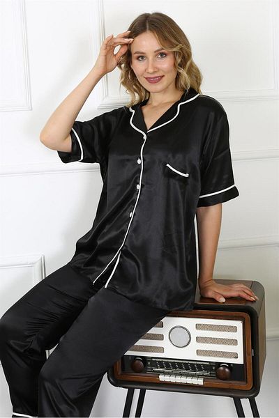 modaserdem Mdsrdm Set de pijamale din satin cu mâneci scurte pentru femei-negru