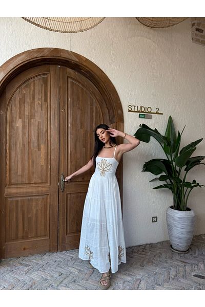 FASHION COCKTAIL Gold Embroidery Leaf Strap Elegant Seaside Long Dress