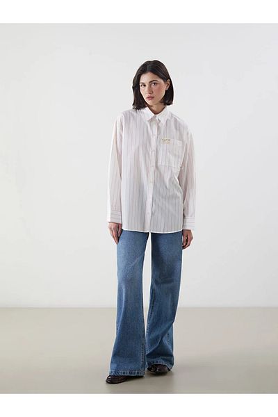 LC Waikiki Lcw Modest Pink Striped Oversize Poplin Women's Shirt Tunic