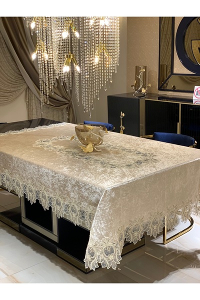 HAUSSET Masa Örtüsü Kahve Kadife Fransiz Dantelli 160/300 cm Masa Örtüsü