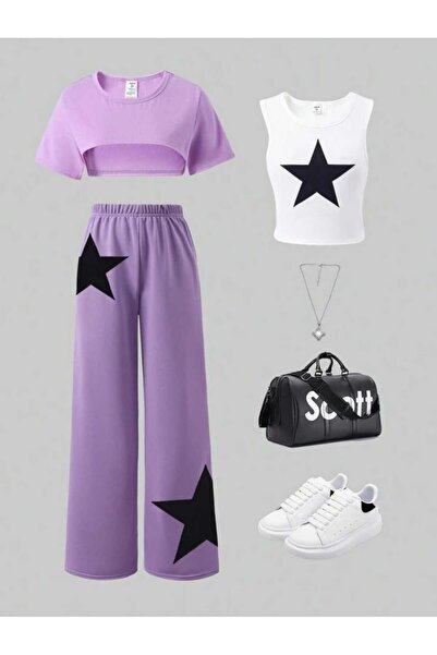 Kids Летен комплект от 3 части за момичета с къса блуза с ремъци и принт на л...