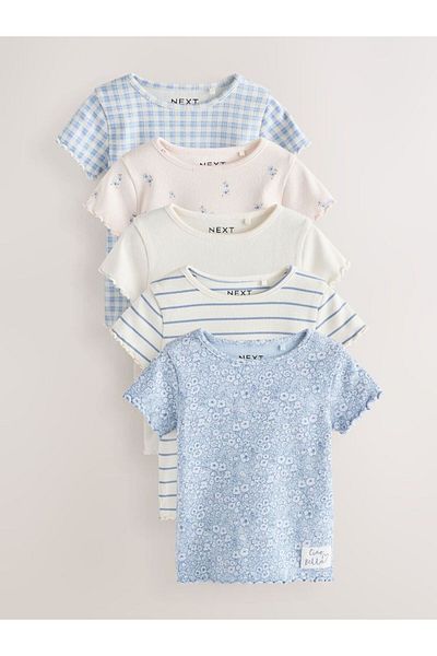 Next Baby Cotton Blue Floral Patterned Short Sleeve Ribbed 5-Piece Bottom Top Set