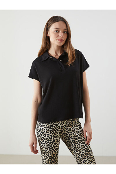 LC Waikiki Μαύρο γυναικείο μπλουζάκι με λαιμόκοψη πόλο oversized