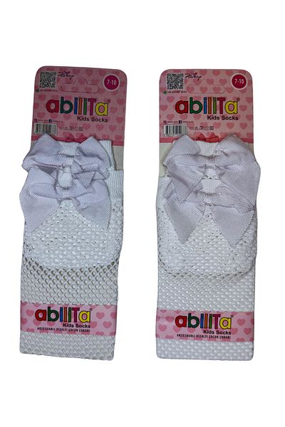 PJ & Me White Color Mesh Girl's Knee-High Socks with Ribbon Detail on the Back (7-10 Years)