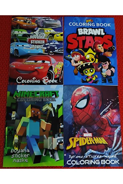 bundle island 4 adet stickerli boyama kitabı (Brawlstars,arabalar,minecraft,ö...