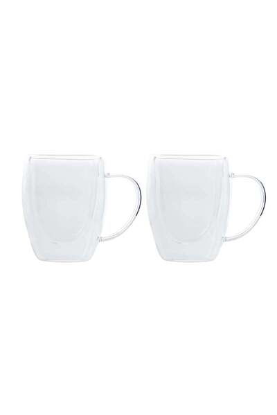 Karaca Karaca Double Wall Borosilicate Glass Cup Set with Handle for 2 People, 300ml, Transparent
