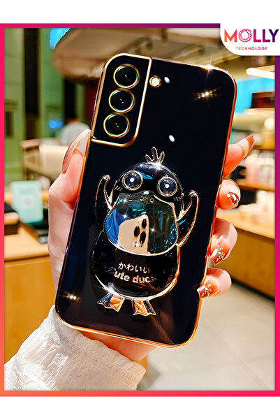 Molly Samsung Galaxy S21 FE İçin Siyah Sevimli Ördek Standlı Kenarları Gold D...