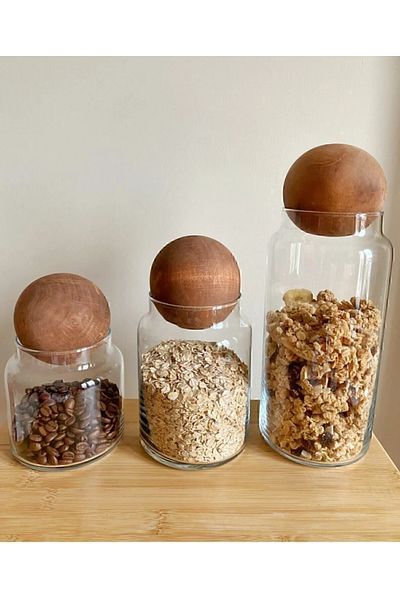Meralles 3-Piece Glass Jar Set with Wooden Ball Lid