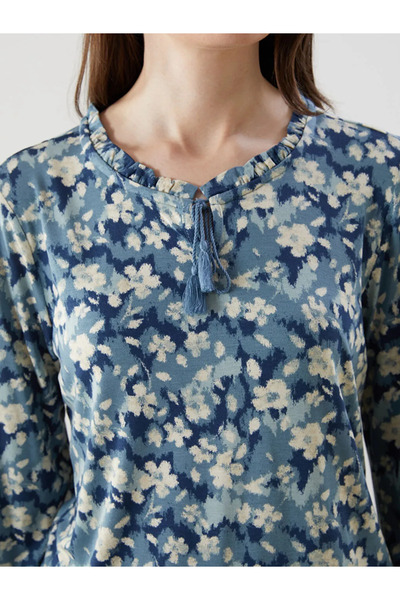 LC Waikiki LCW Grace Mavi Bağlamalı Yaka Çiçekli Kadın Bluz