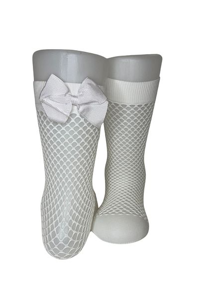 PJ & Me White Color Mesh Girl's Knee-High Socks with Ribbon Detail on the Back (7-10 Years)