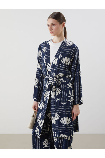 LC Waikiki Navy Blue Shawl Collar Patterned Oversize Women's Kimono