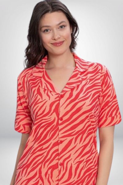 Alissa Alissa Women Red Patterned Buttoned Short Sleeve Shorts Pajamas Set