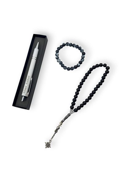 SürLaz Black Rosary and Bracelet Eco Set in Special Box with Name Writable Ballpoint Pen