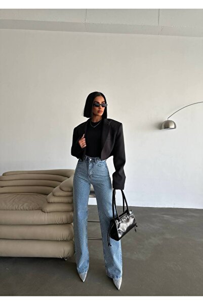 Genel Markalar Işıltılı Taş Detaylı Yüksek Bel Düz Kesim Denim Jean