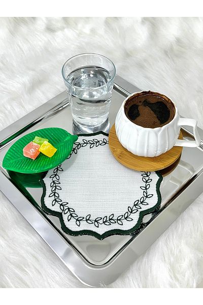 Mora Tekstil Șervețel de cafea brodat cu frunze, șervețel de prezentare, șervețel de cafea, șervețel de cocktail din 6 piese, șervețel de pahar