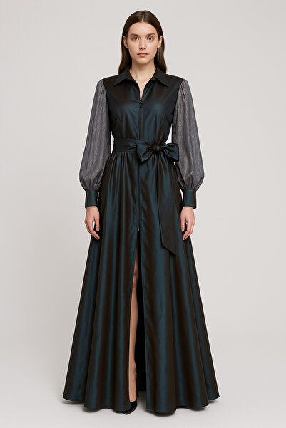 MERT ERKAN Önden Fermuarlı & Simli Jakar Balon Kol Detaylı İpek Tafta Gömlek ...