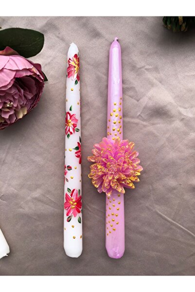 Elif Design 2’li el yapımı çiçekli şamdan mumu seti