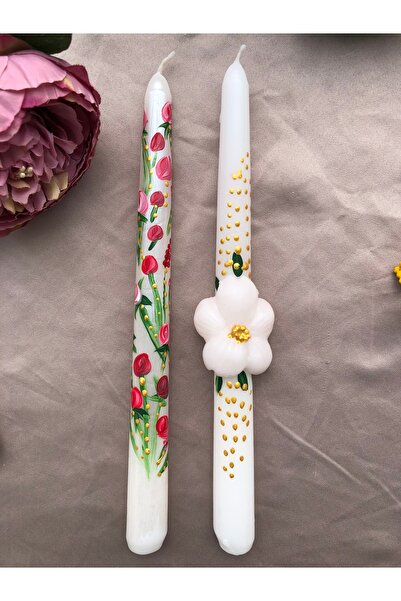Elif Design 2’li el yapımı tasarım çiçekli şamdan mum seti