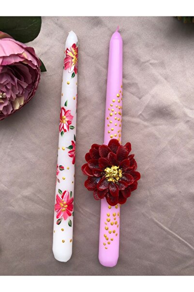 Elif Design 2’li el yapımı tasarım çiçekli şamdan mum seti
