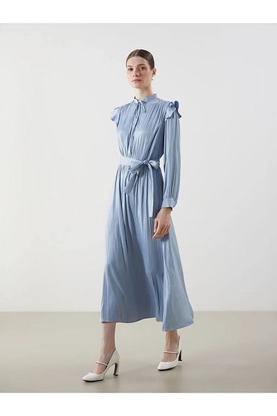 LC Waikiki Lcw Modest Blue Lace-Up Neckline Oversize Satin Women's Dress