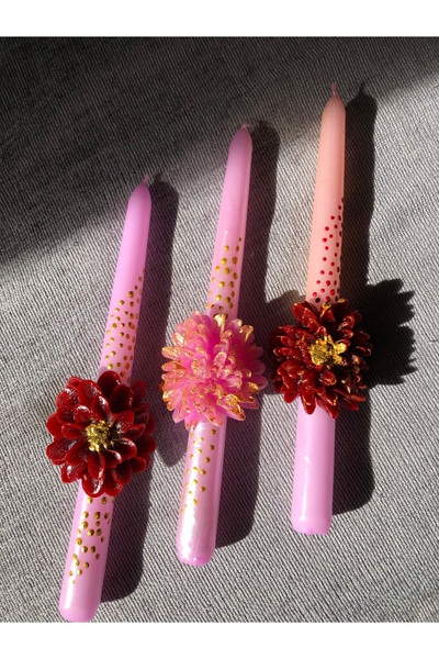 Elif Design 3’lü el yapımı tasarım çiçekli şamdan mum seti